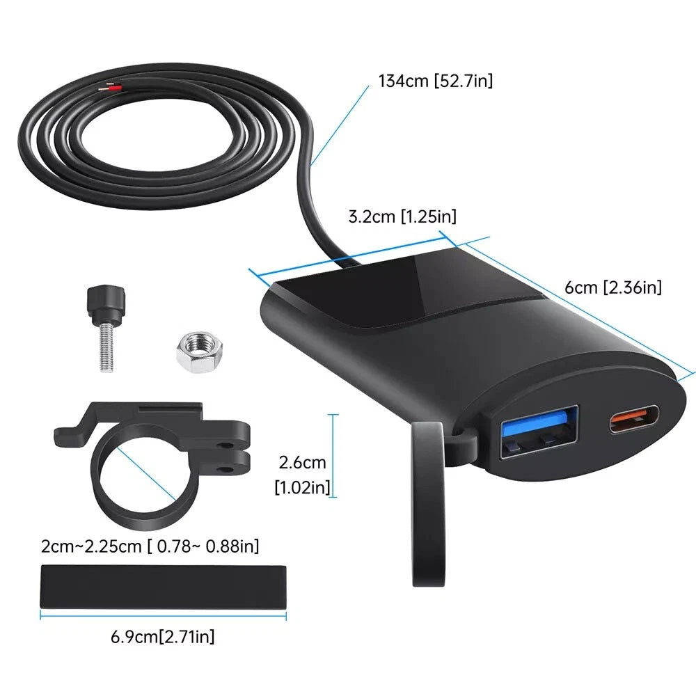 Dual USB Fast Charger Adapter for Motorcycle (Waterproof, QC3.0, PD)