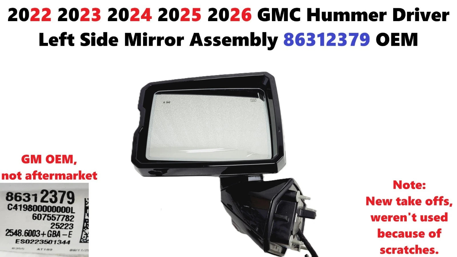 OEM Mirror LH Front Left for GMC Hummer EV (2022–2026) W/Camera & Blindspot 86312379