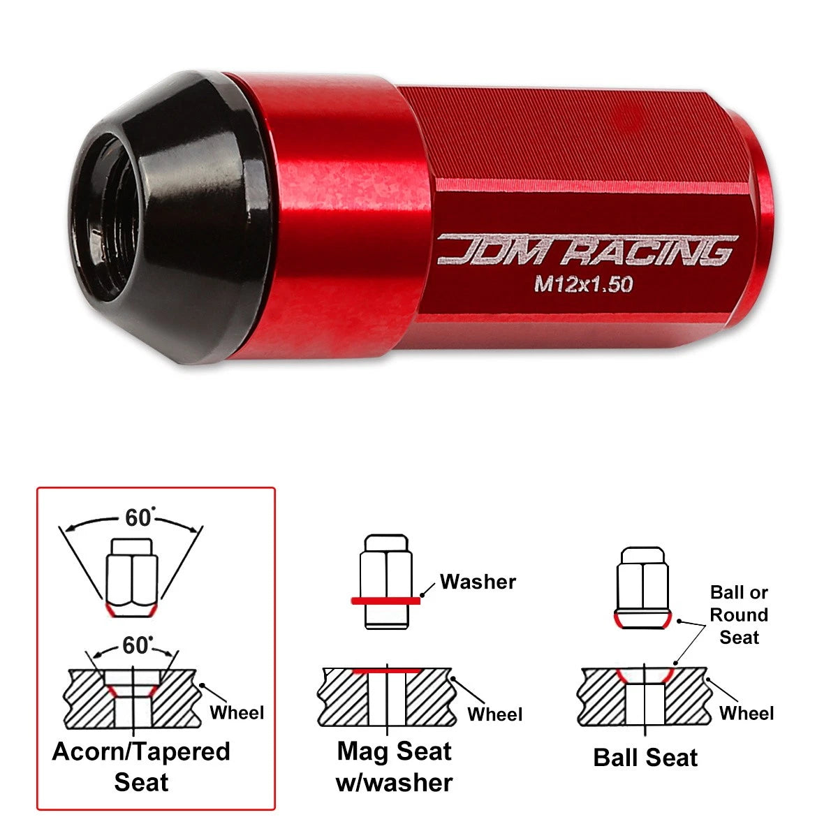 20Pc M12X1.5 Red JDM Cone Seat Hex Wheel Lug Nuts with Cap & Extension