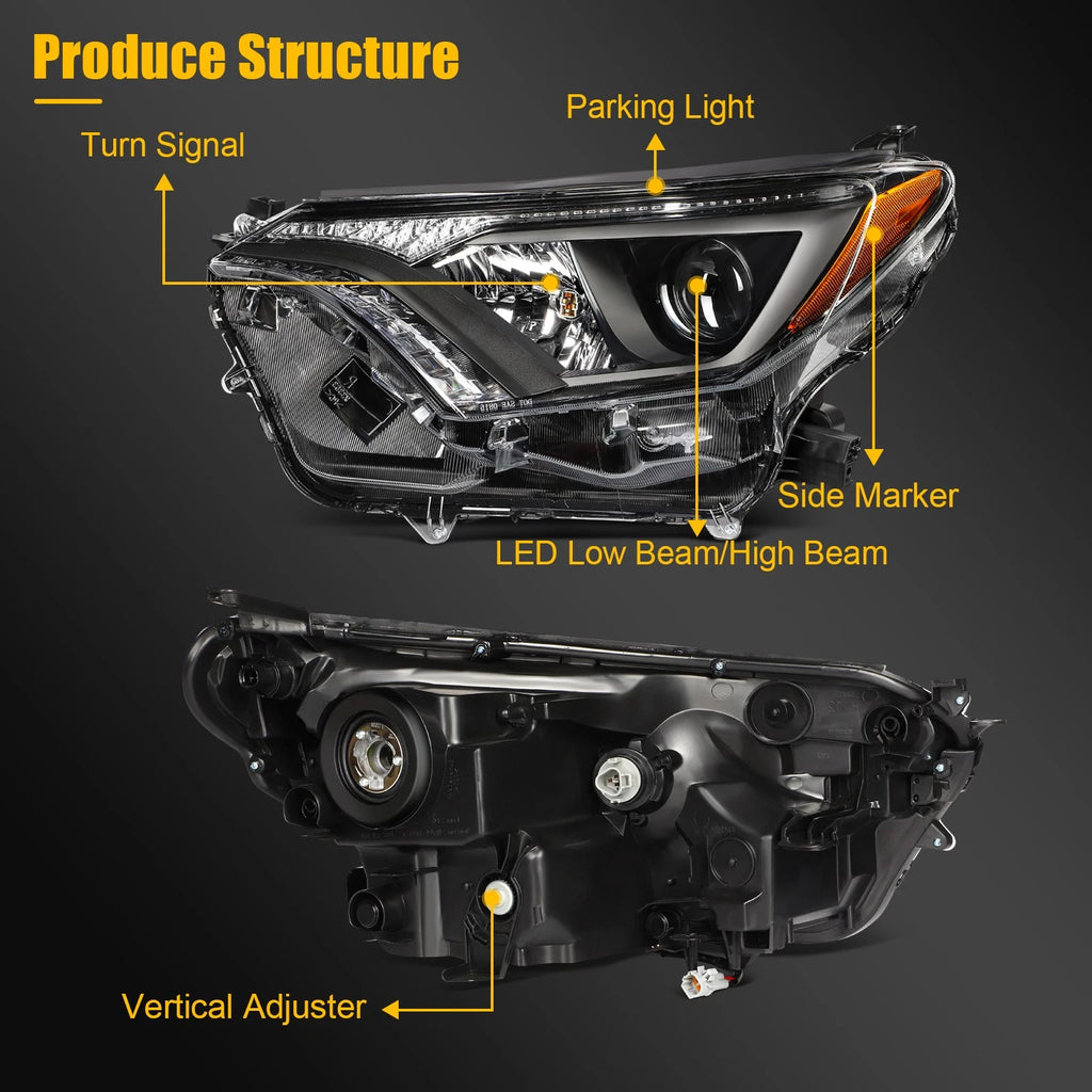 2X Headlight Assembly for Toyota RAV4 (2016–2018) Halogen Black Housing
