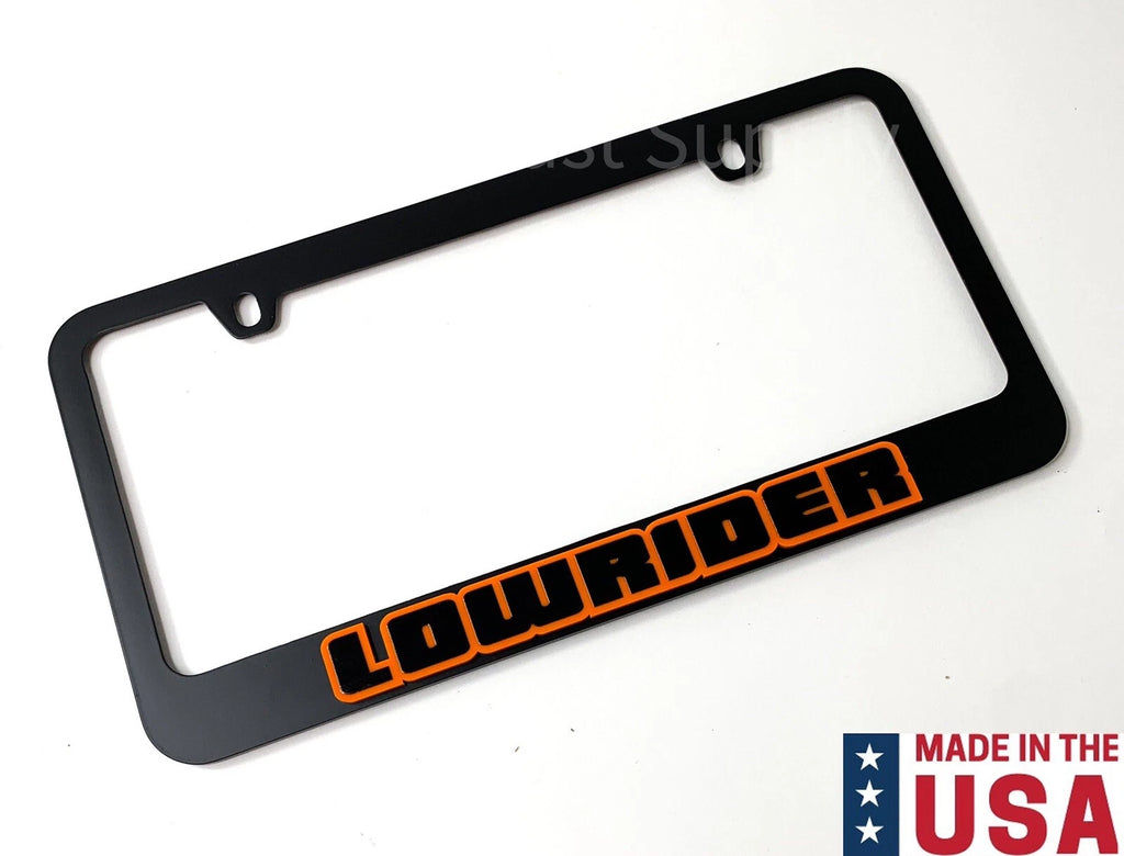 Matte Black License Plate Frame w Orange Outline for Universal (Any Year)