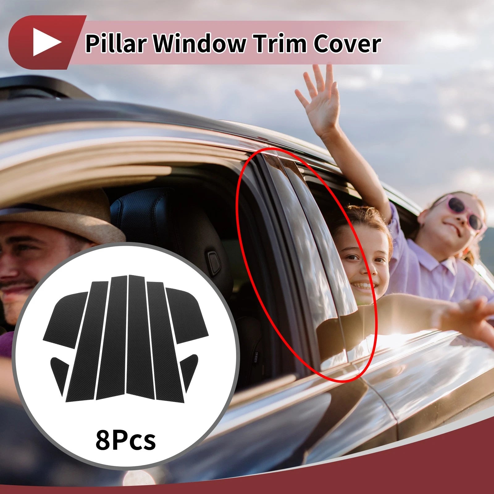 8 Pcs Door Pillar Window Trim for KIA Rio (2017–2022) Black Carbon Fiber