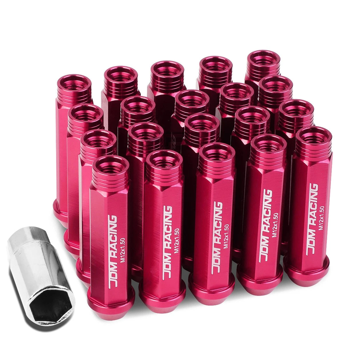 20 PCS Open End M12x1.5 90mm Tall Pink Aluminum Lug Nuts + Adapter