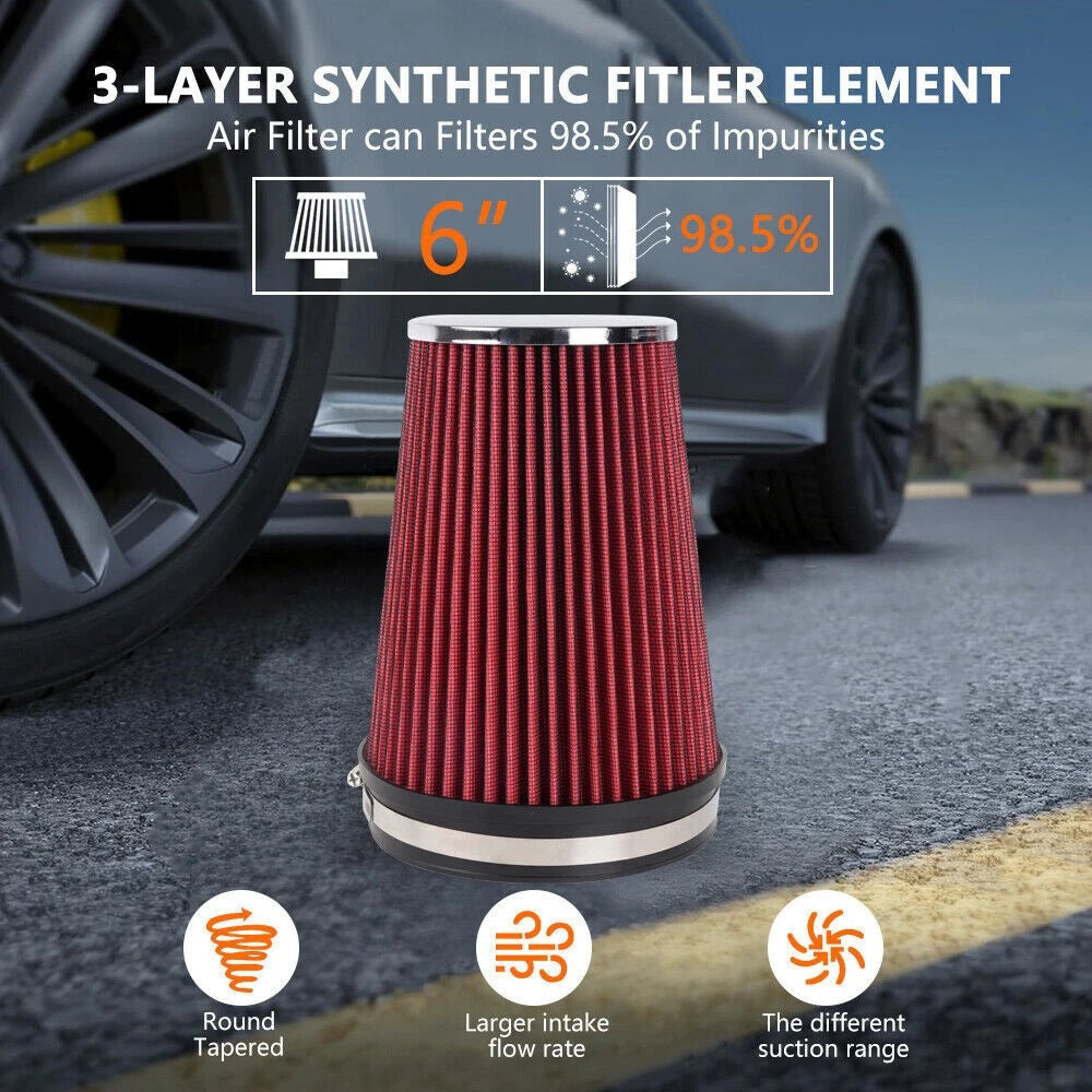 6" Universal Inlet Truck Air Intake Cone Dry Air Filter Red