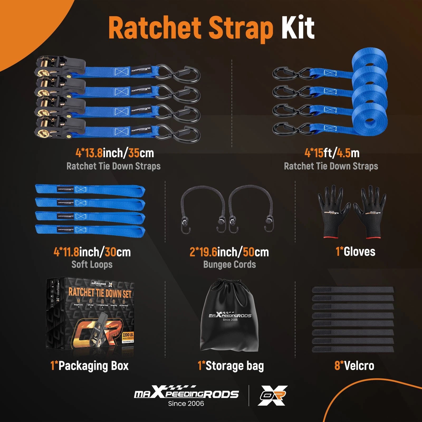 Set of 4 Ratchet Straps 15ft 2200 lb for ATV Trailer
