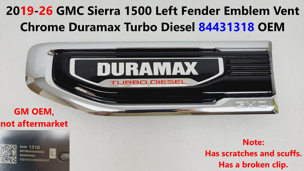 Left Fender Emblem Vent for GMC Sierra (2019–2026) Chrome Duramax Turbo Diesel 84431318