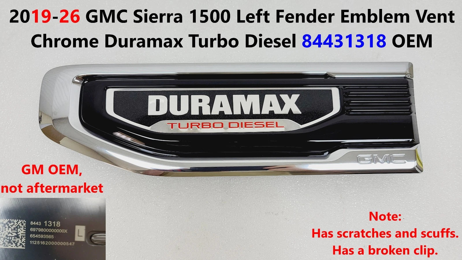 Left Fender Emblem Vent for GMC Sierra (2019–2026) Chrome Duramax Turbo Diesel 84431318