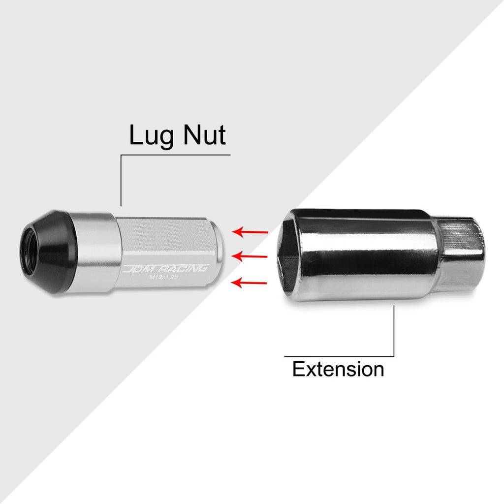 Set of 20 JDM M12X1.25 Silver Aluminum Wheel Lug Nuts with Cap & Adapter