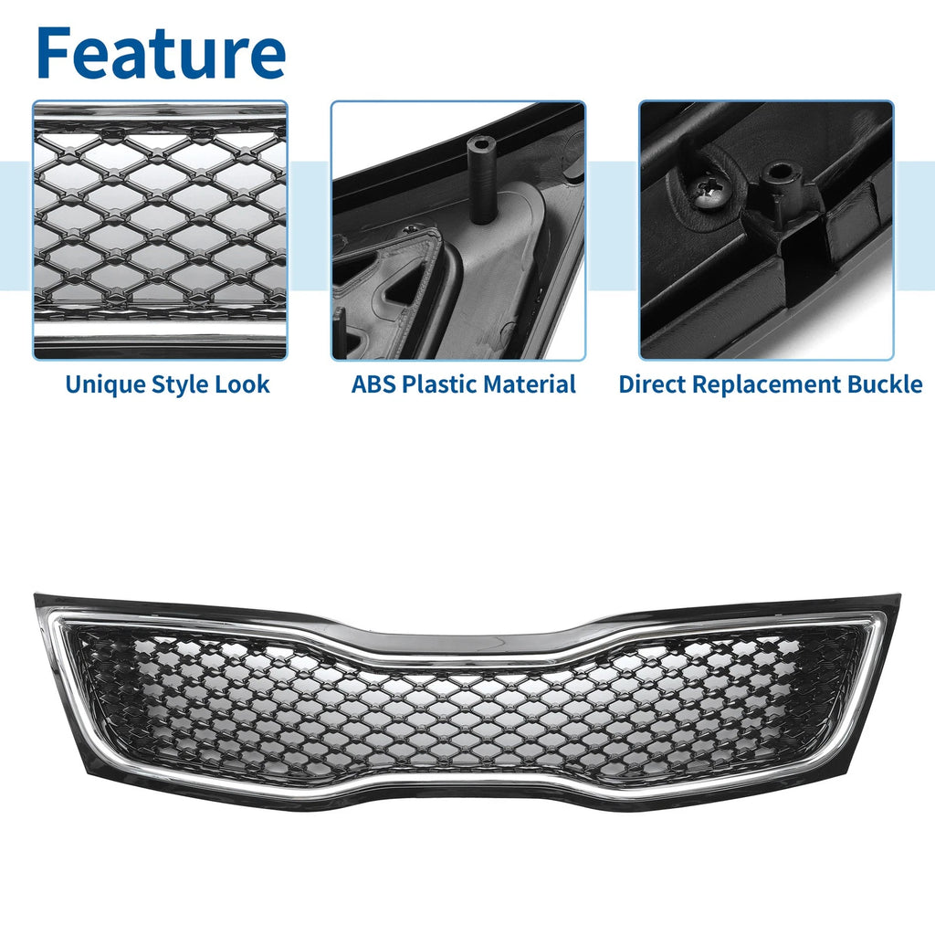Front Upper Bumper Grille for Kia Optima (2014–2015) Black Chrome Silver Tone