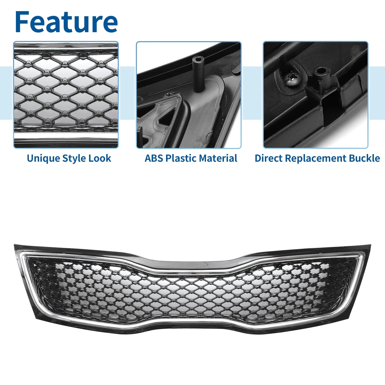 Front Upper Bumper Grille for Kia Optima (2014–2015) Black Chrome Silver Tone