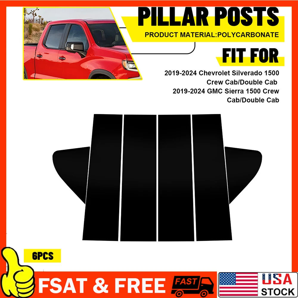 Set of 6 Black Pillar Posts Window Trim for Chevy Silverado GMC Sierra (2019–2022)