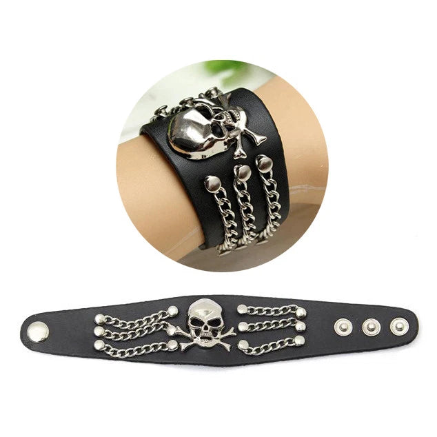 Black Cowhide Skull Chain Bracelet for Men (Punk Rock Style)