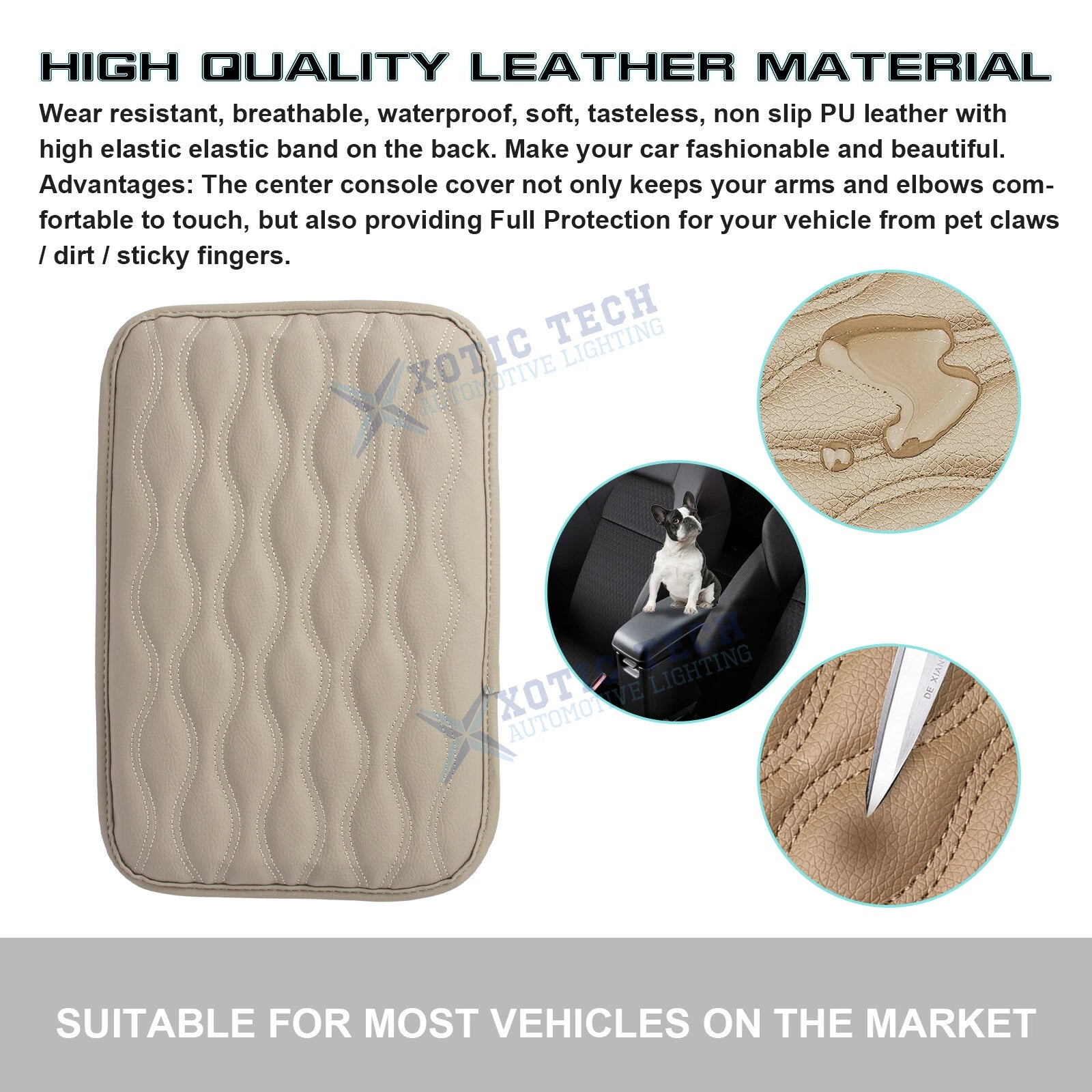 Beige PU Leather Armrest Box Pad Cushion Cover for Universal (-)