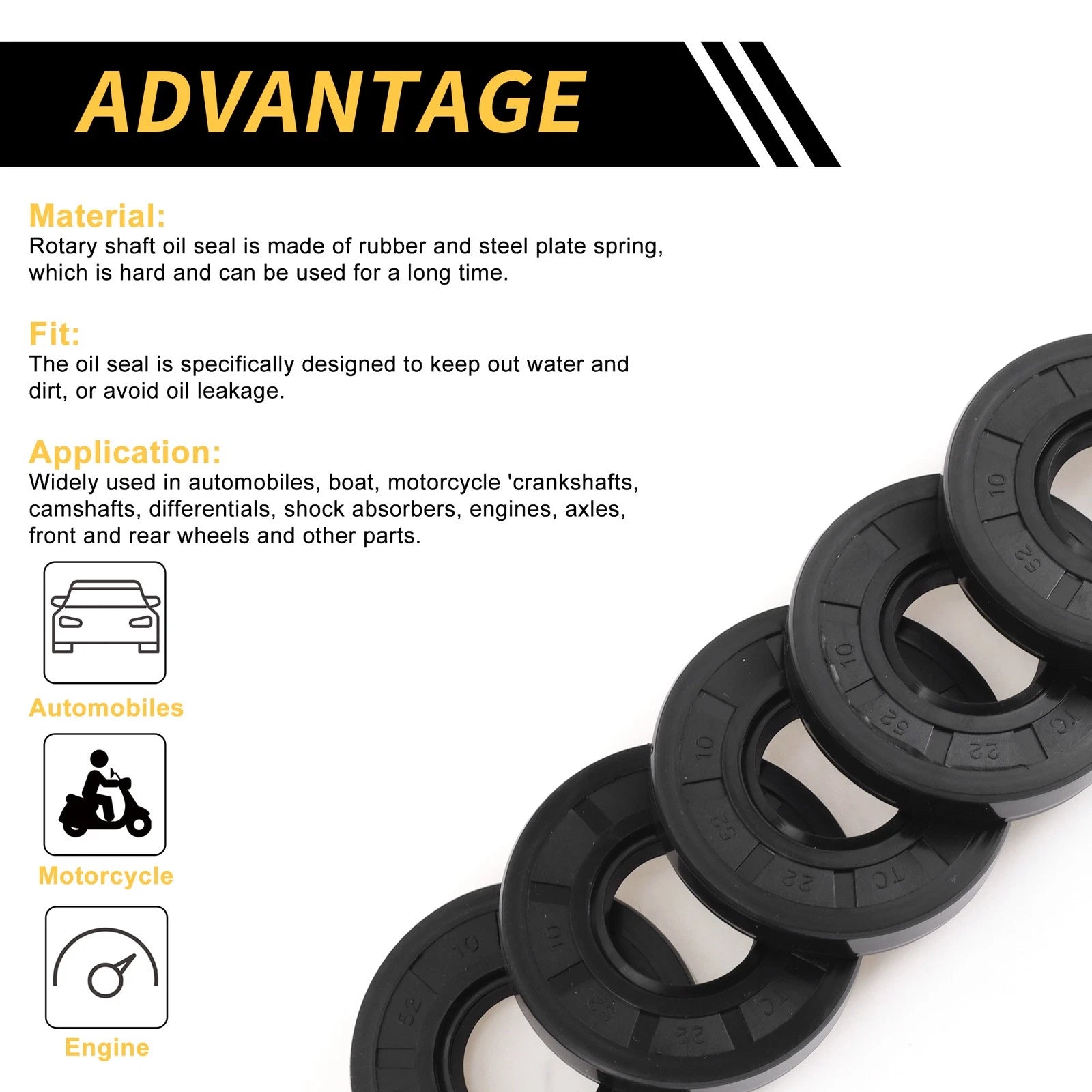 Set of 5 Oil Seal Rotary Shaft Seal NBR Rubber 22x52x10mm
