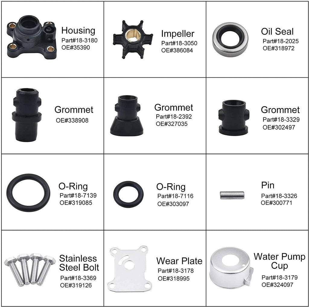 Water Pump Impeller Kit for Johnson Evinrude 9.9 15 Hp (391698, 394711, 18-3327)