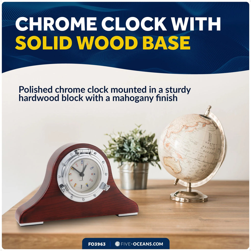 Porthole Collection Nautical Tambour Clock for Desk (Hardwood Mahogany)