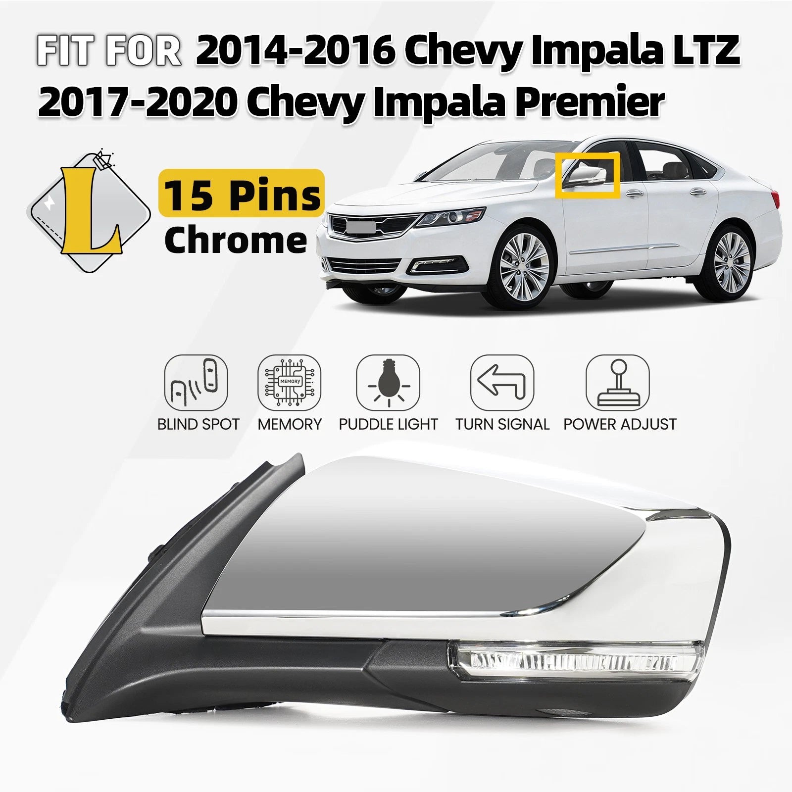 Left Side Mirror with Turn Signal & Blind Spot for Chevy Impala (2014–2020)