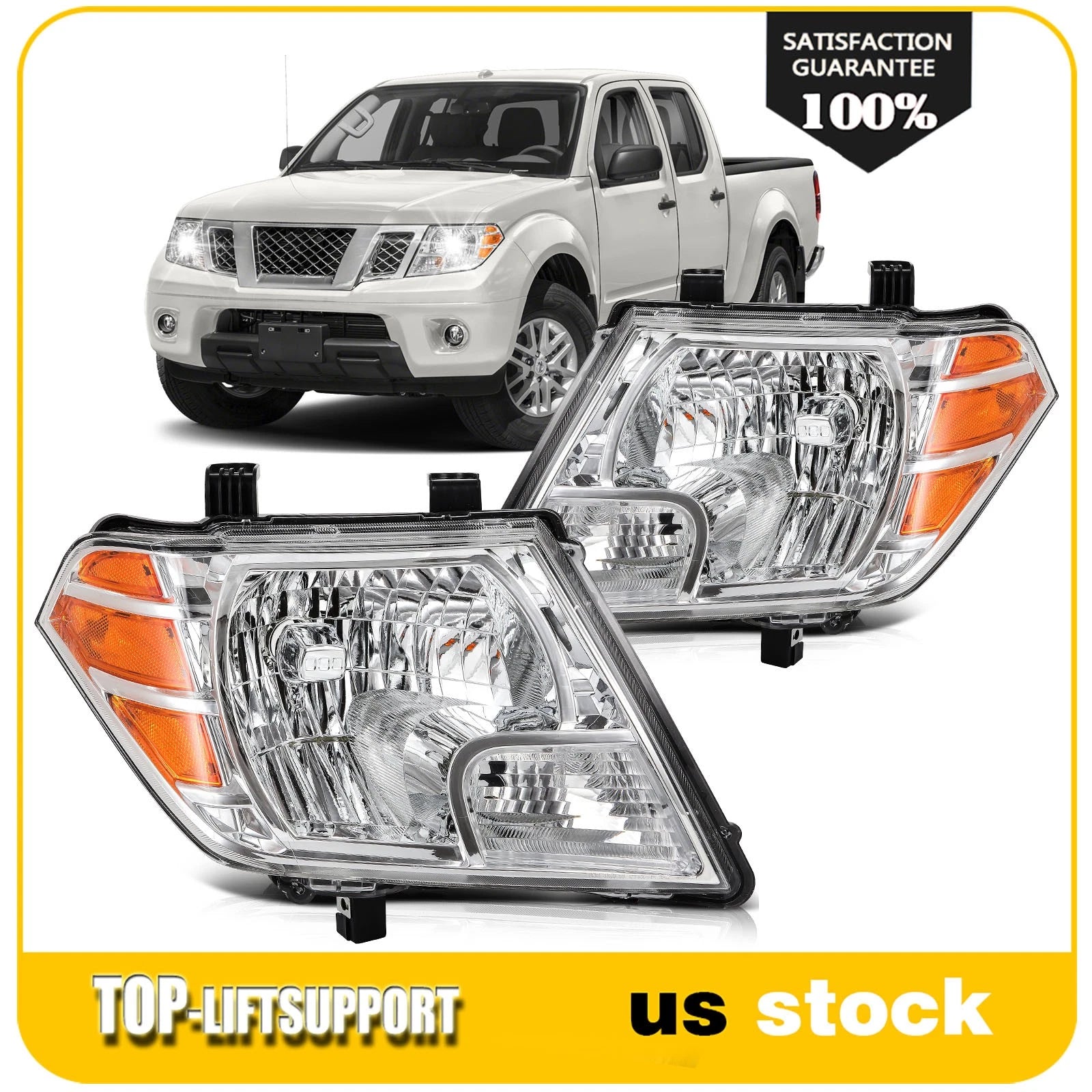 2X Headlight Assembly for Nissan Frontier (2009–2019) Chrome Amber
