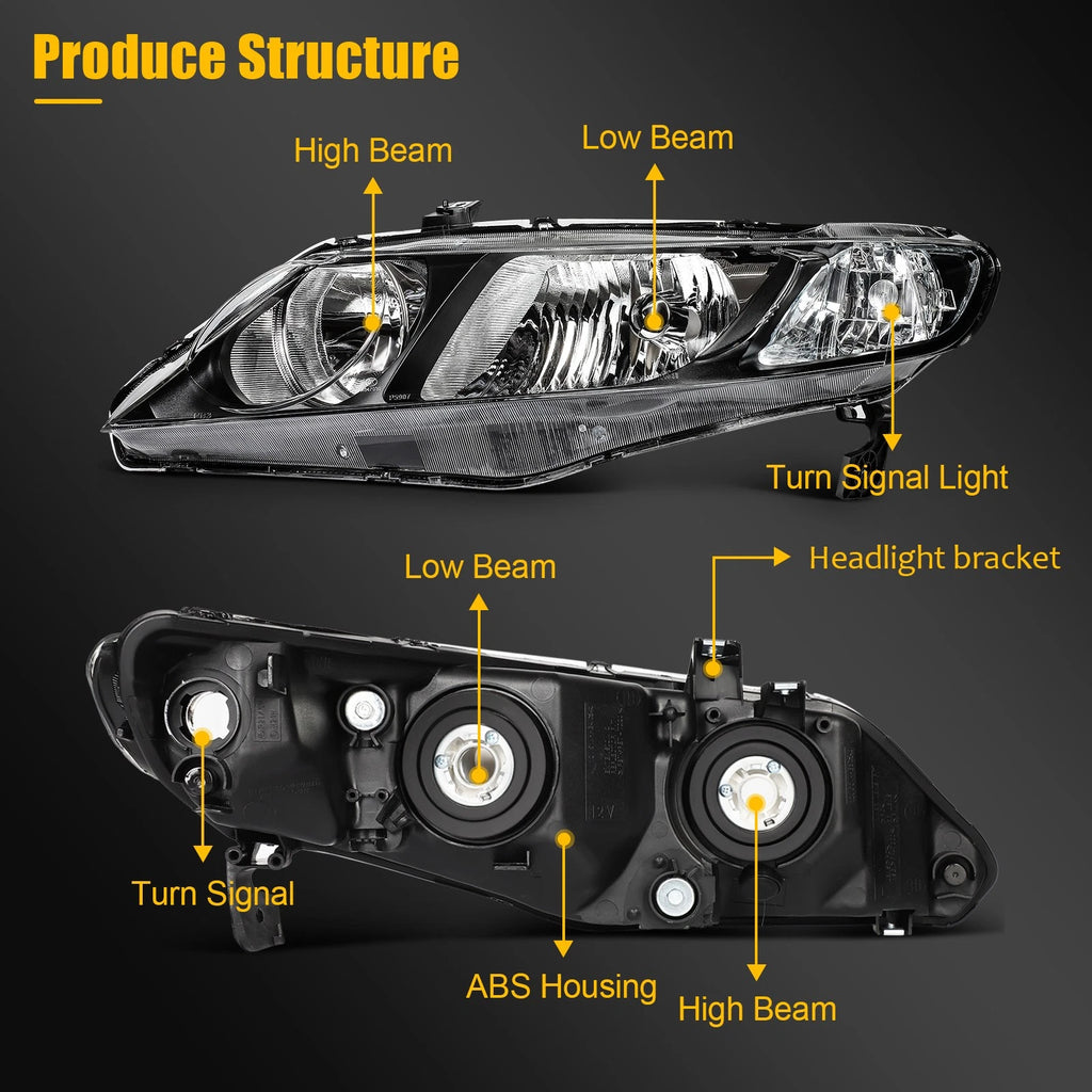 Pair Headlight Assembly for Honda Civic Sedan (2006–2011) Black Housing