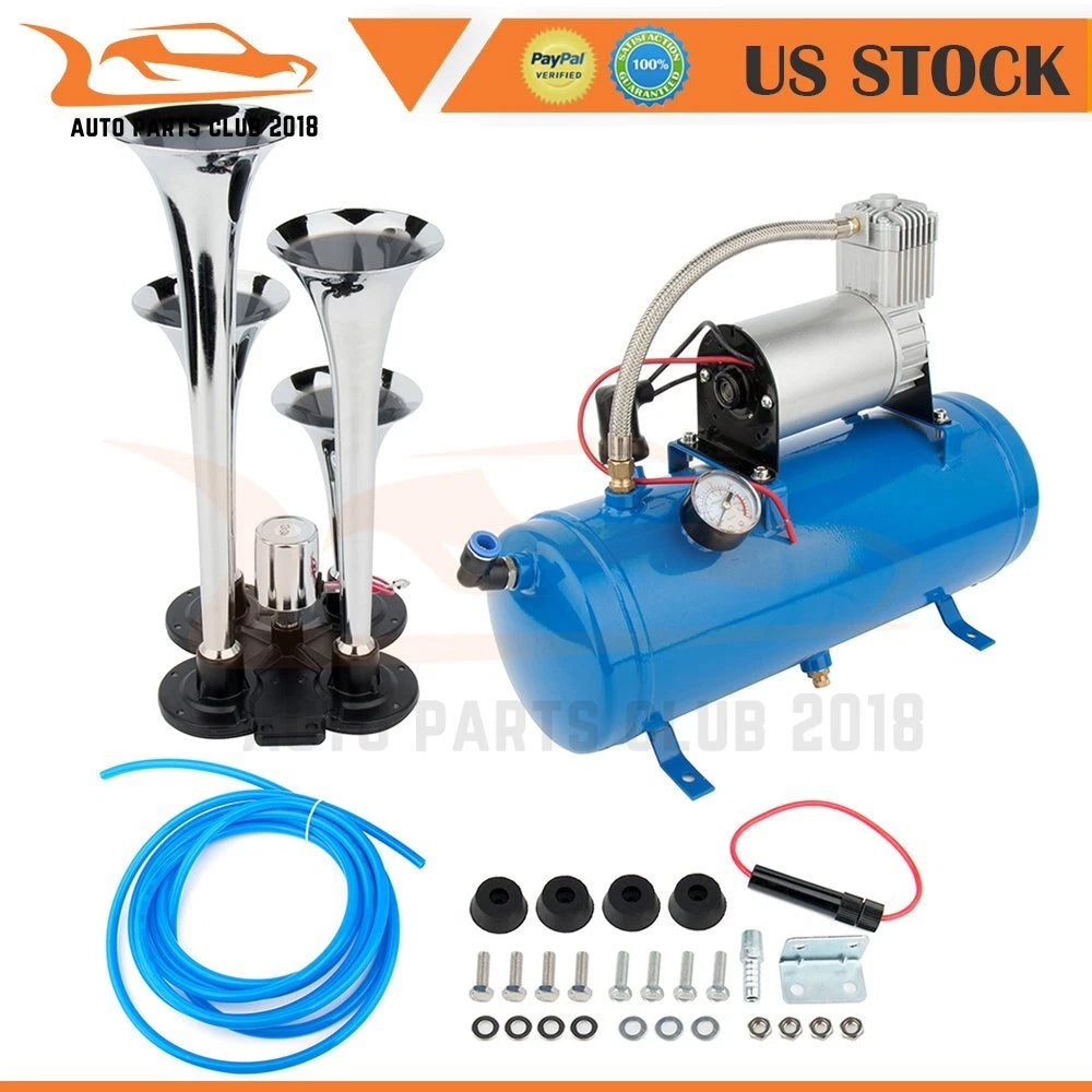 4 Trumpet Air Horn Kit for Car Truck with 12V Compressor Tank Gauge