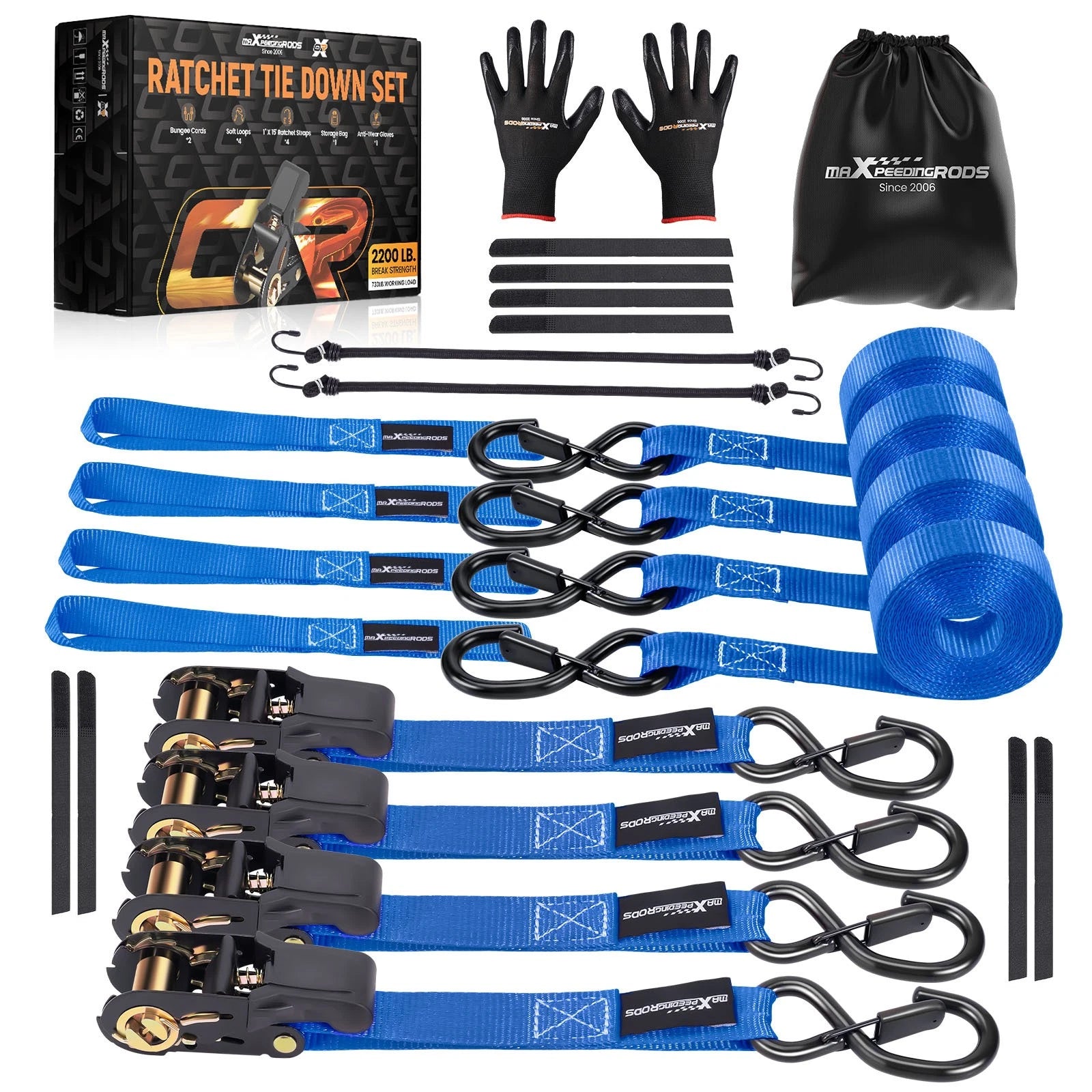 Set of 4 Ratchet Straps 15ft 2200 lb for ATV Trailer