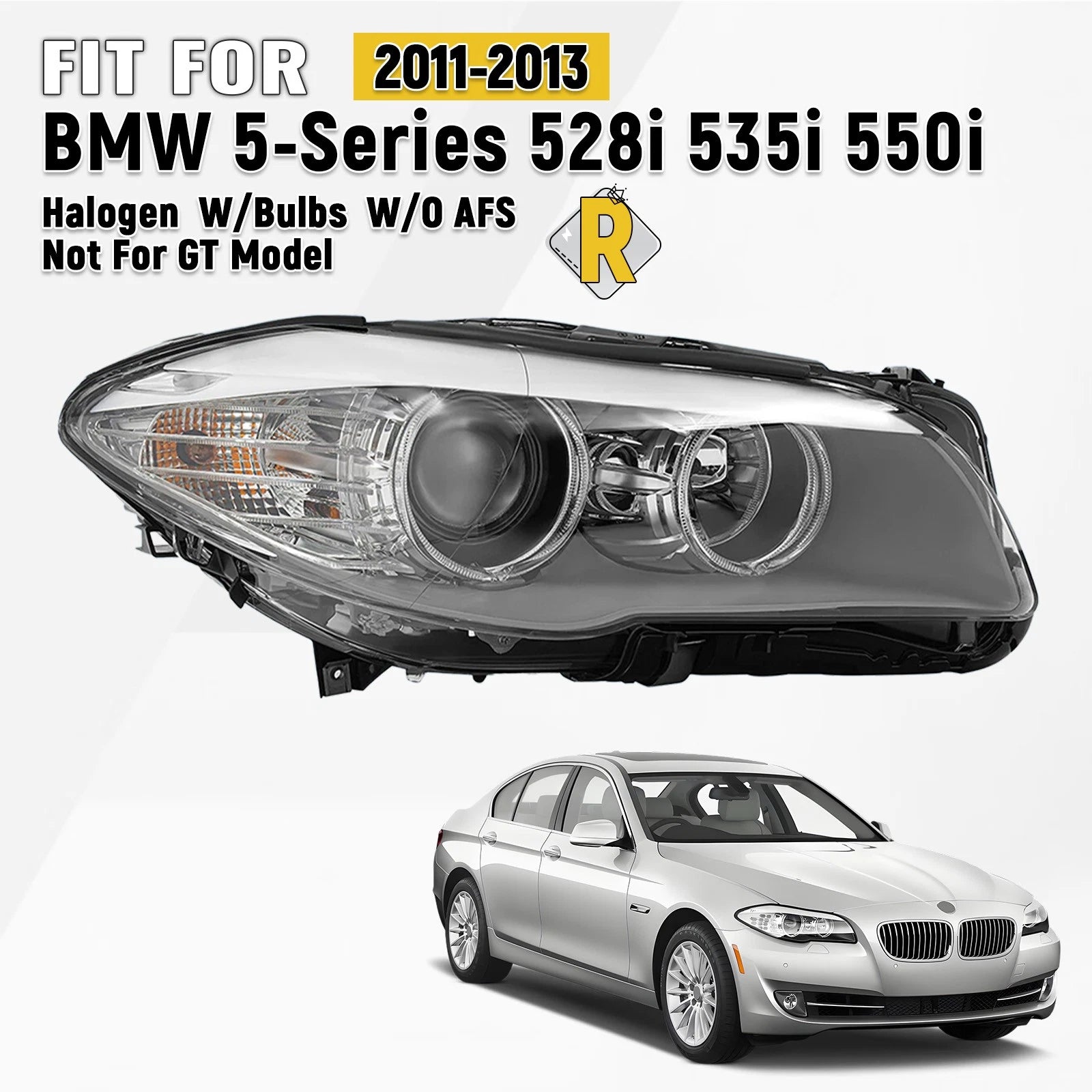 Halogen Headlight for BMW 5 Series F10 (2011–2013) Right Side, w/o AFS