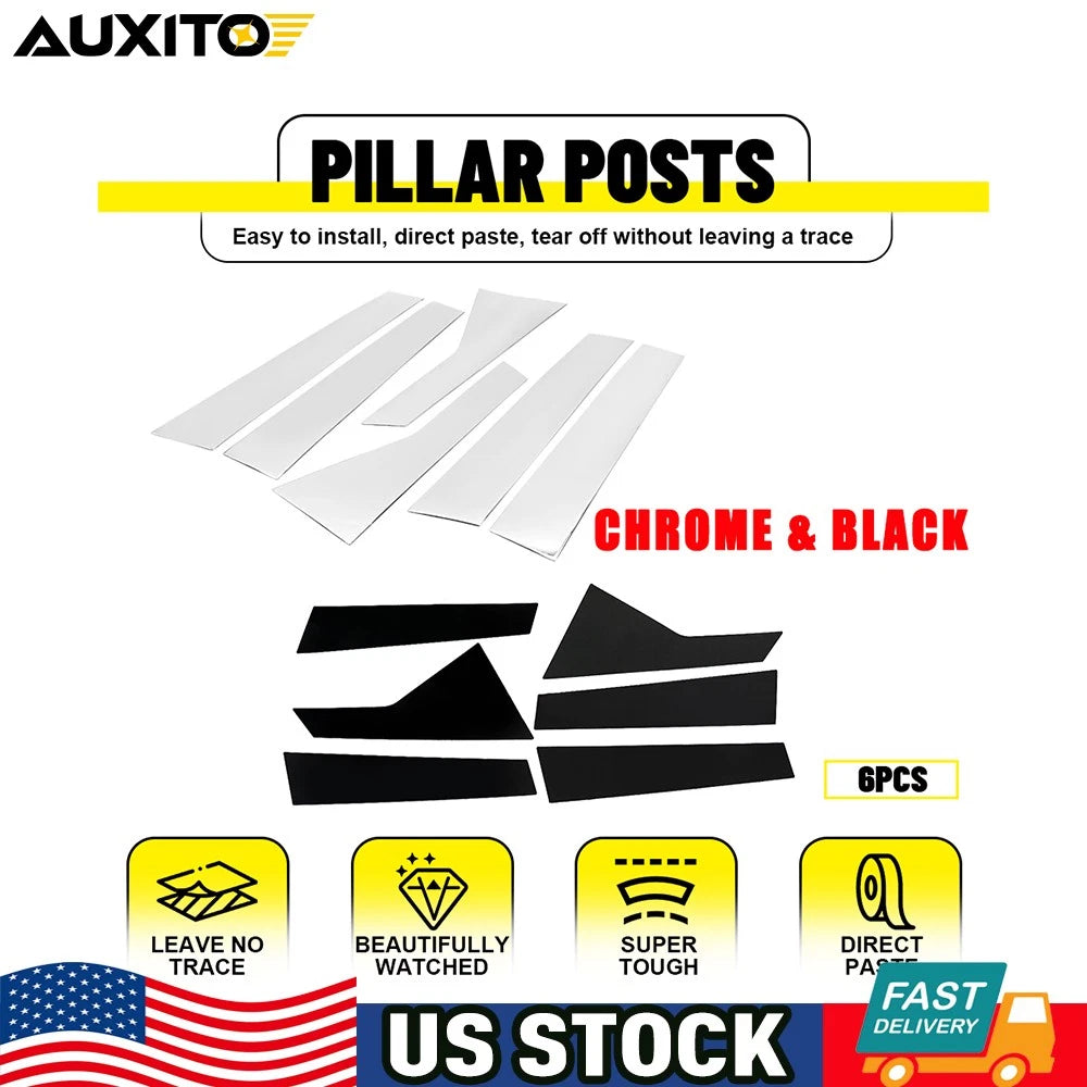 6X Glossy Black Chrome Pillar Post Covers for Cadillac CT6 (2016–2020)