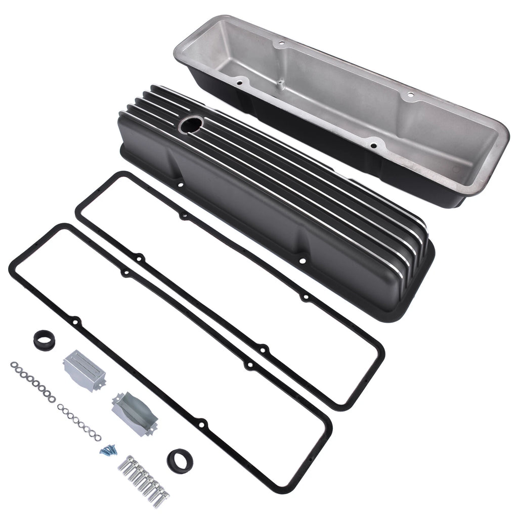 Finned Aluminum Tall Valve Covers for Chevy Small Block (283–400) Black
