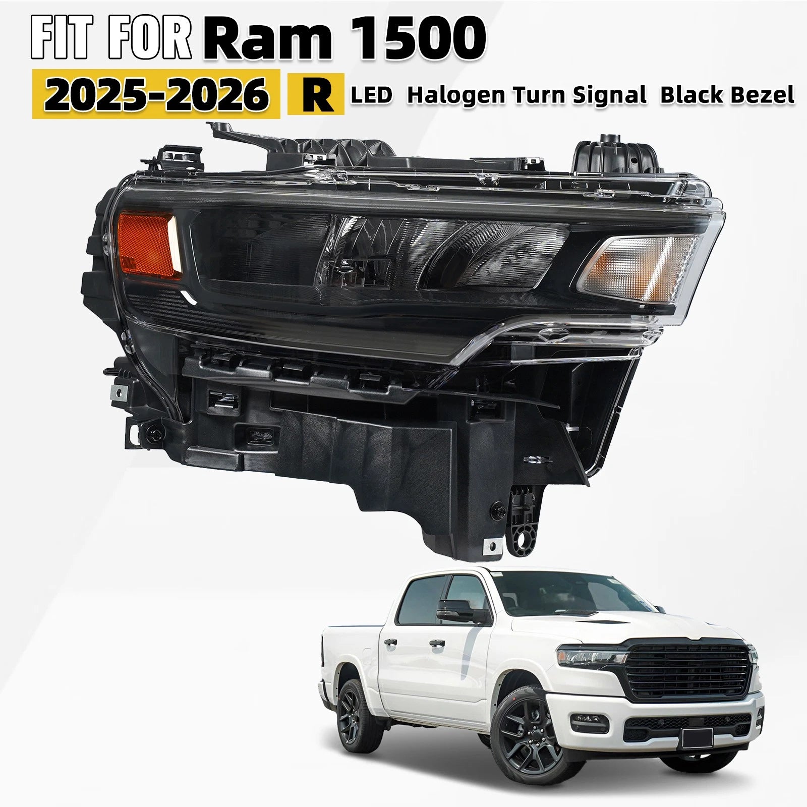 LED Headlight for Ram 1500 (2025–2026) - Halogen Turn Signal, Black Trim
