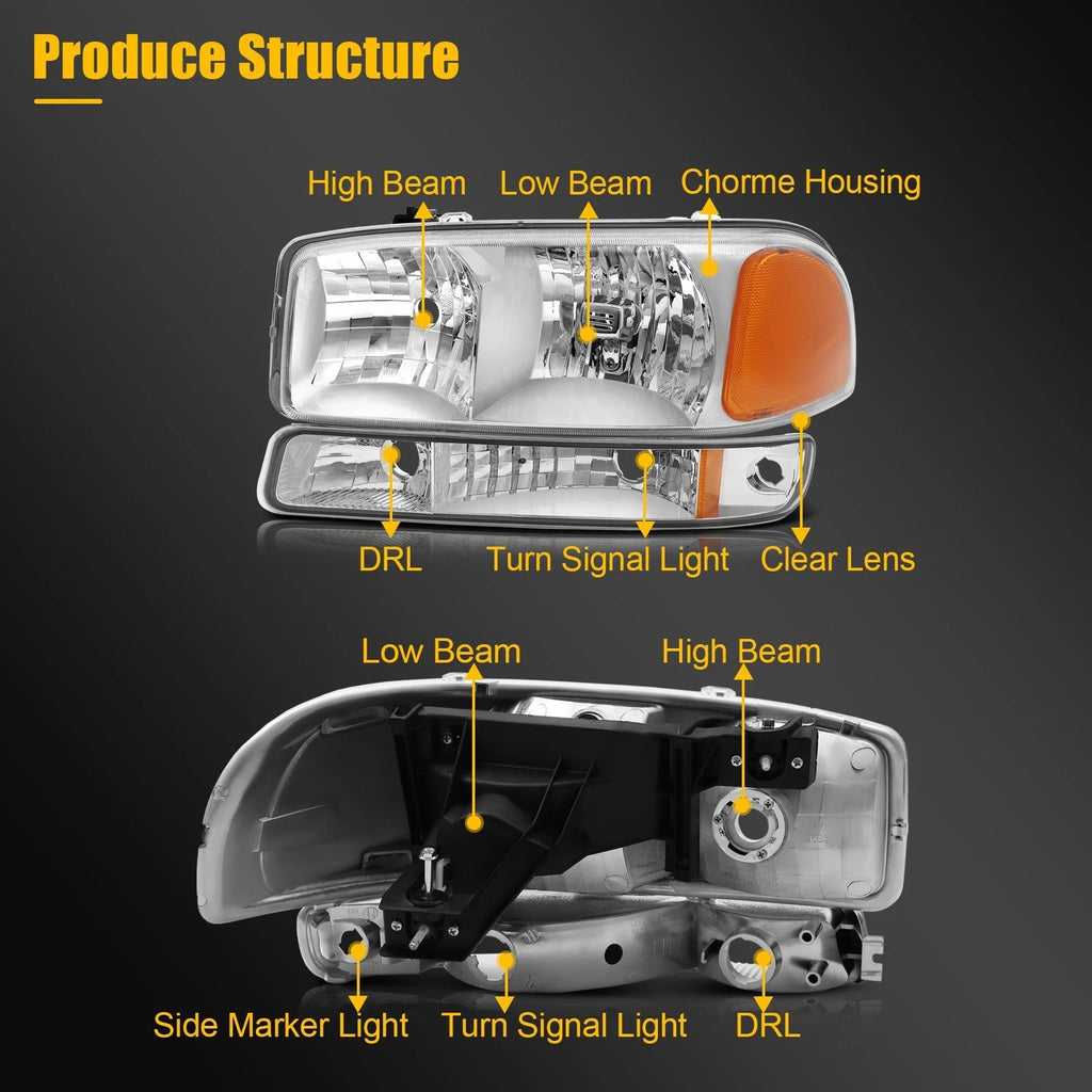 2X Headlight Assembly for GMC Sierra 1500 (1999–2007) Chrome Amber