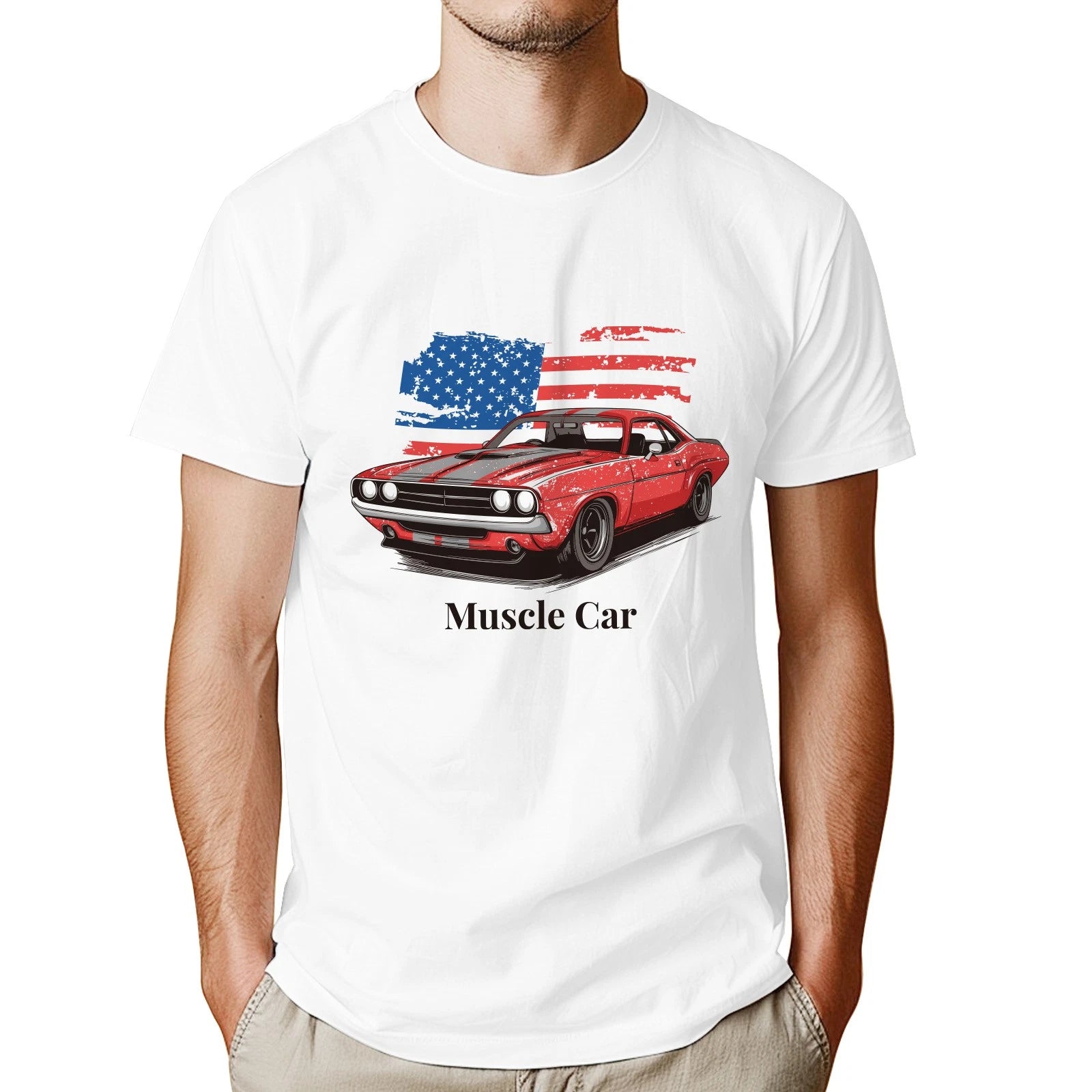 Vintage American Flag Classic Car T-Shirt for Men (White)
