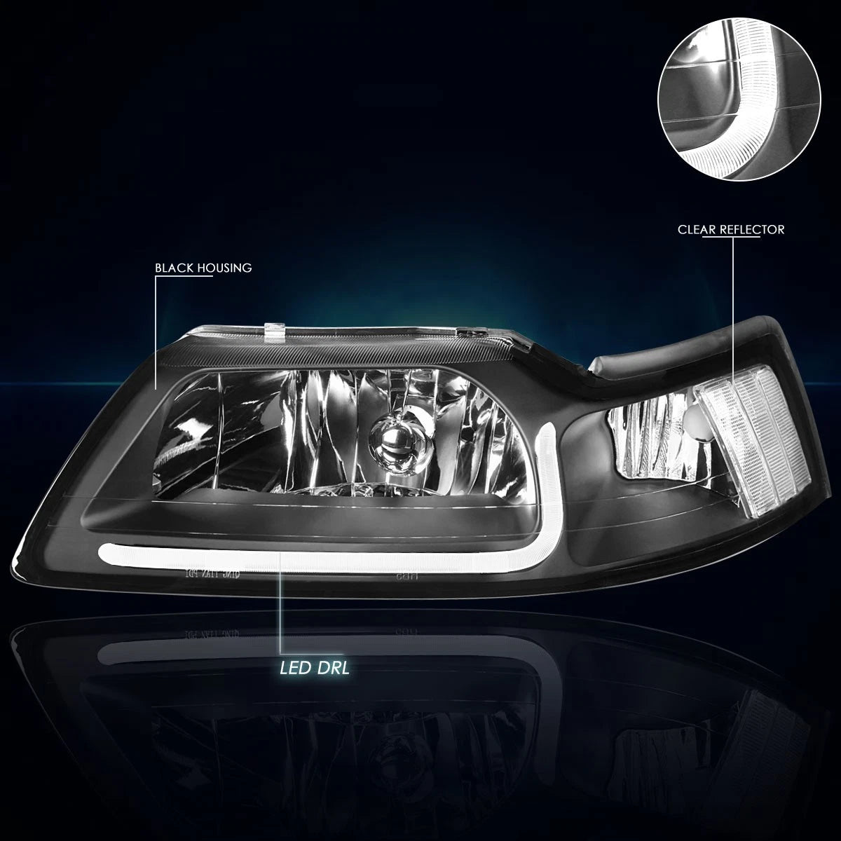 LED DRL Headlight Pair for Ford Mustang (1999–2004) - Black Housing, Clear Corner