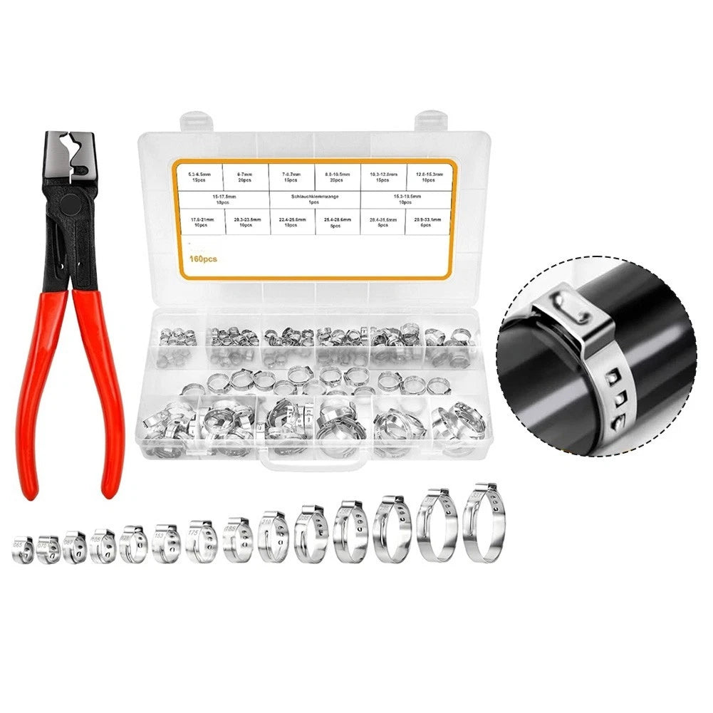 Hose Clamp Set of 160 Pcs with Pliers for Automotive, Marine, Industrial