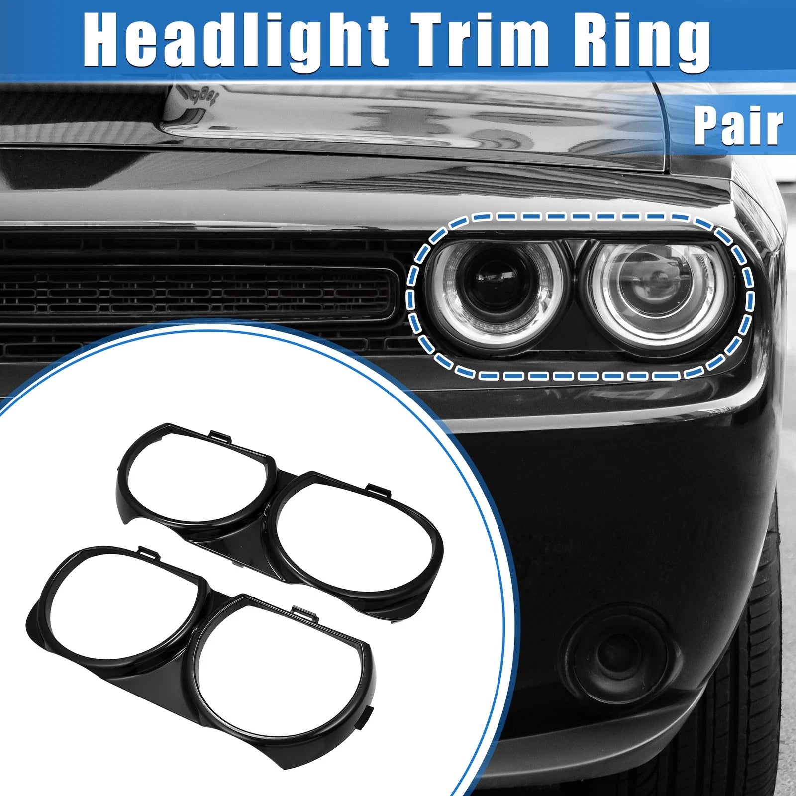 1 Pair Headlight Trim Rings for Dodge Challenger (Black) (703820285786)