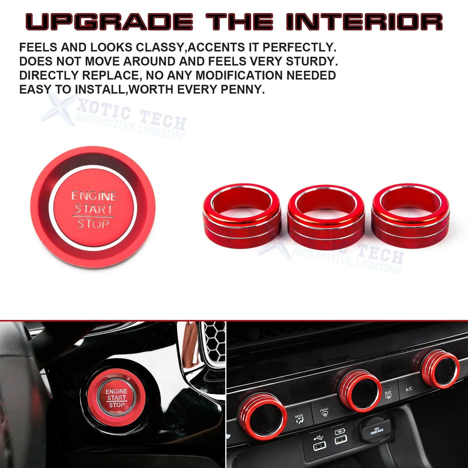 Red AC Climate Knob & Engine Start Button Cover for Honda Civic (2022-2024)