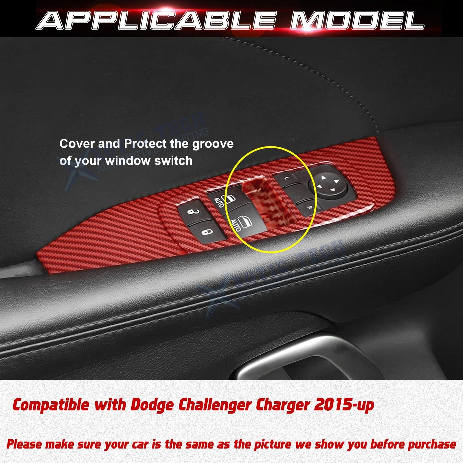 Red Carbon Fiber Door Window Lift Button Panel Trim for Dodge Challenger (2015-2024)