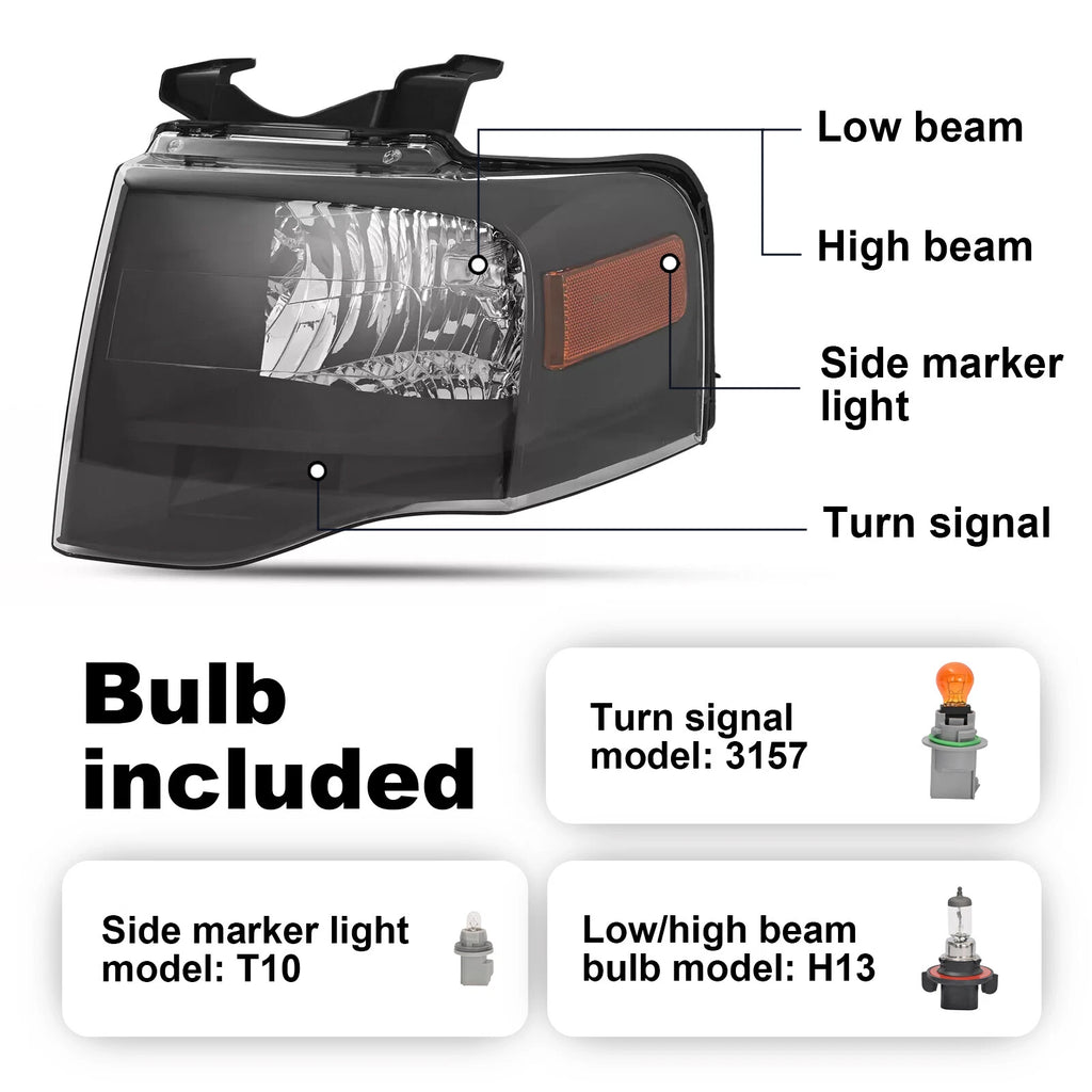 Set of 2 Headlights for Ford Expedition (2007–2014) W/bulbs
