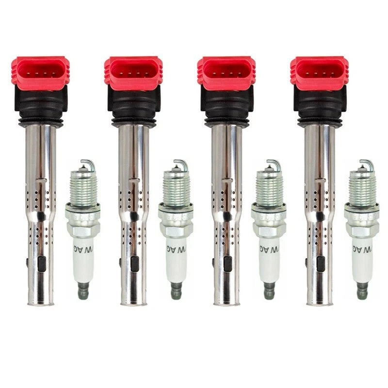 4X Ignition Coils + 4X Spark Plugs for Audi A3 A4 2.0L L4 (2005–2013) 06E905115B