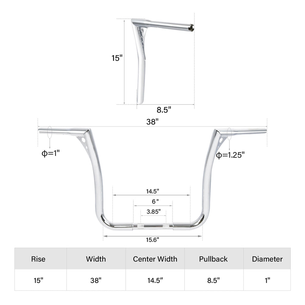 1.25" Rise 15" Ape Hanger Handlebar for Harley Electra Glide FLHT (1982–2013) Chrome