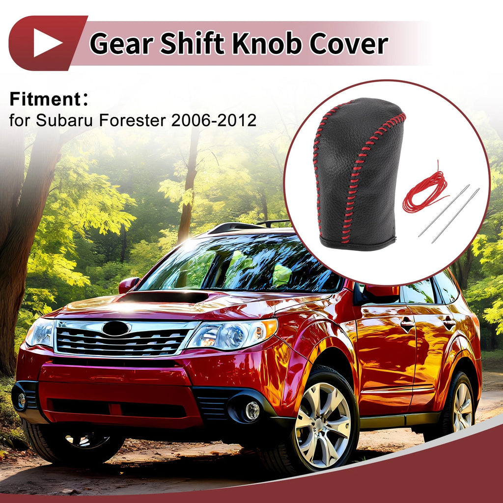 1Pc Gear Shift Knob Cover for Subaru Forester (2006–2012) Black Red Faux Leather