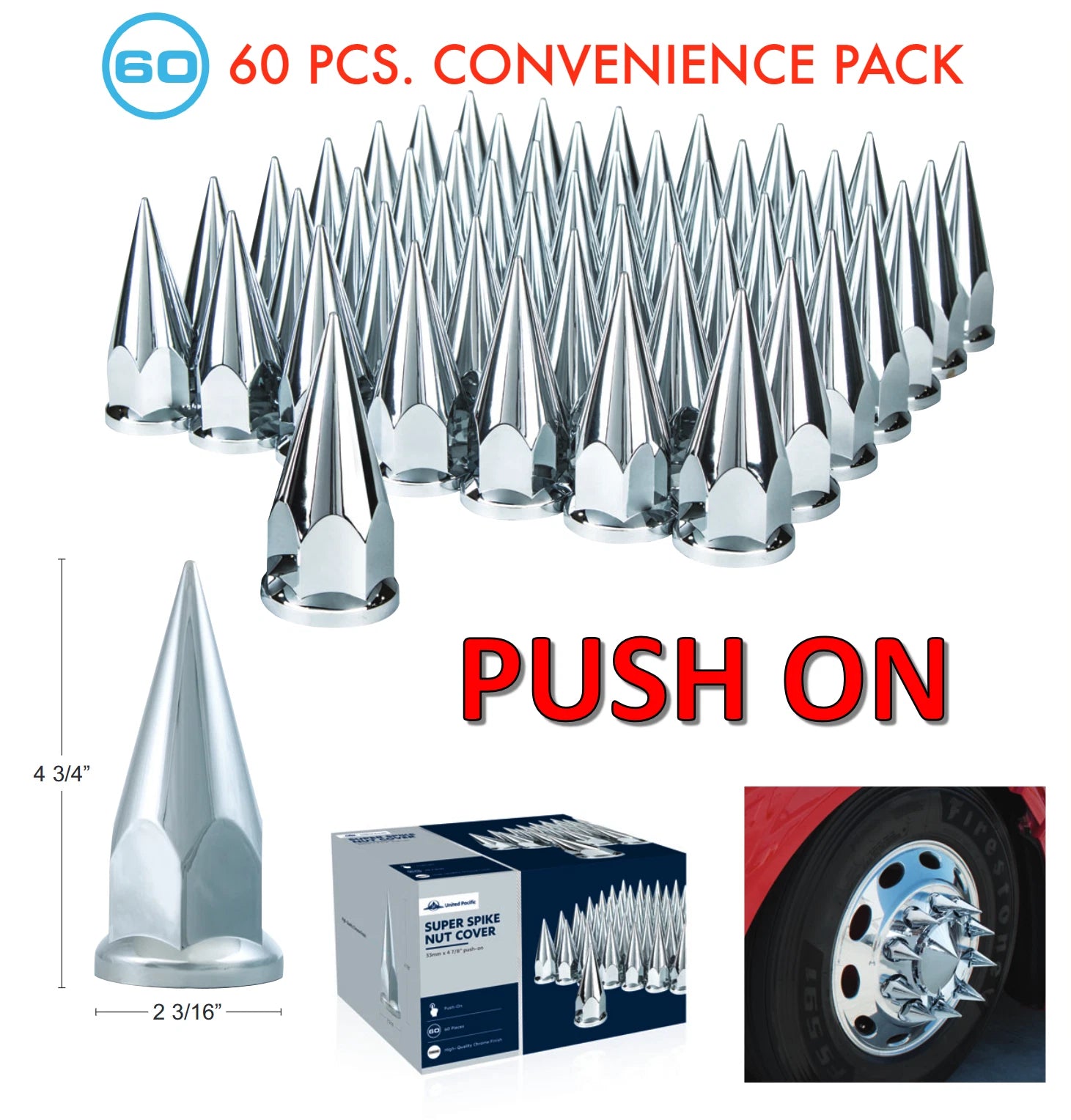 Chrome Spike Lug Nut Covers 33mm Push On Front for Jeep Wrangler (2007–2024)