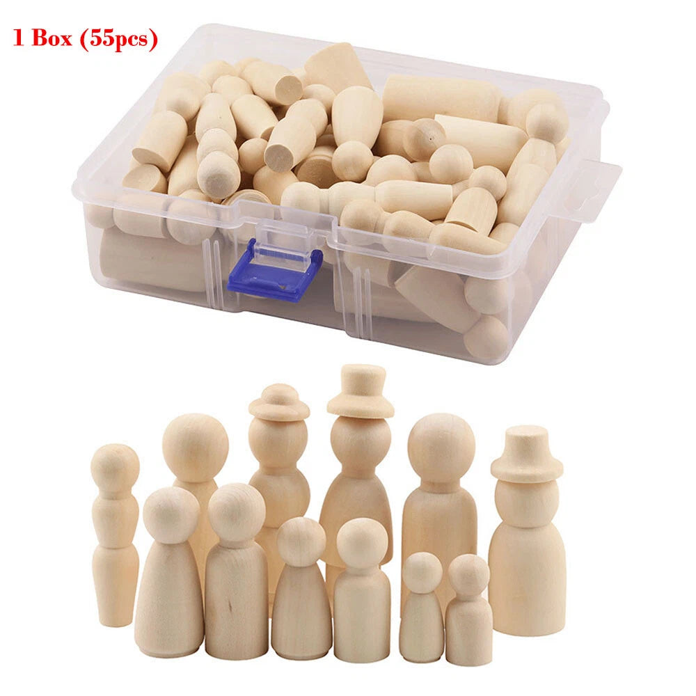 55 Pcs Unpainted Wooden Peg Dolls Creative Figures with Box (35-65mm)