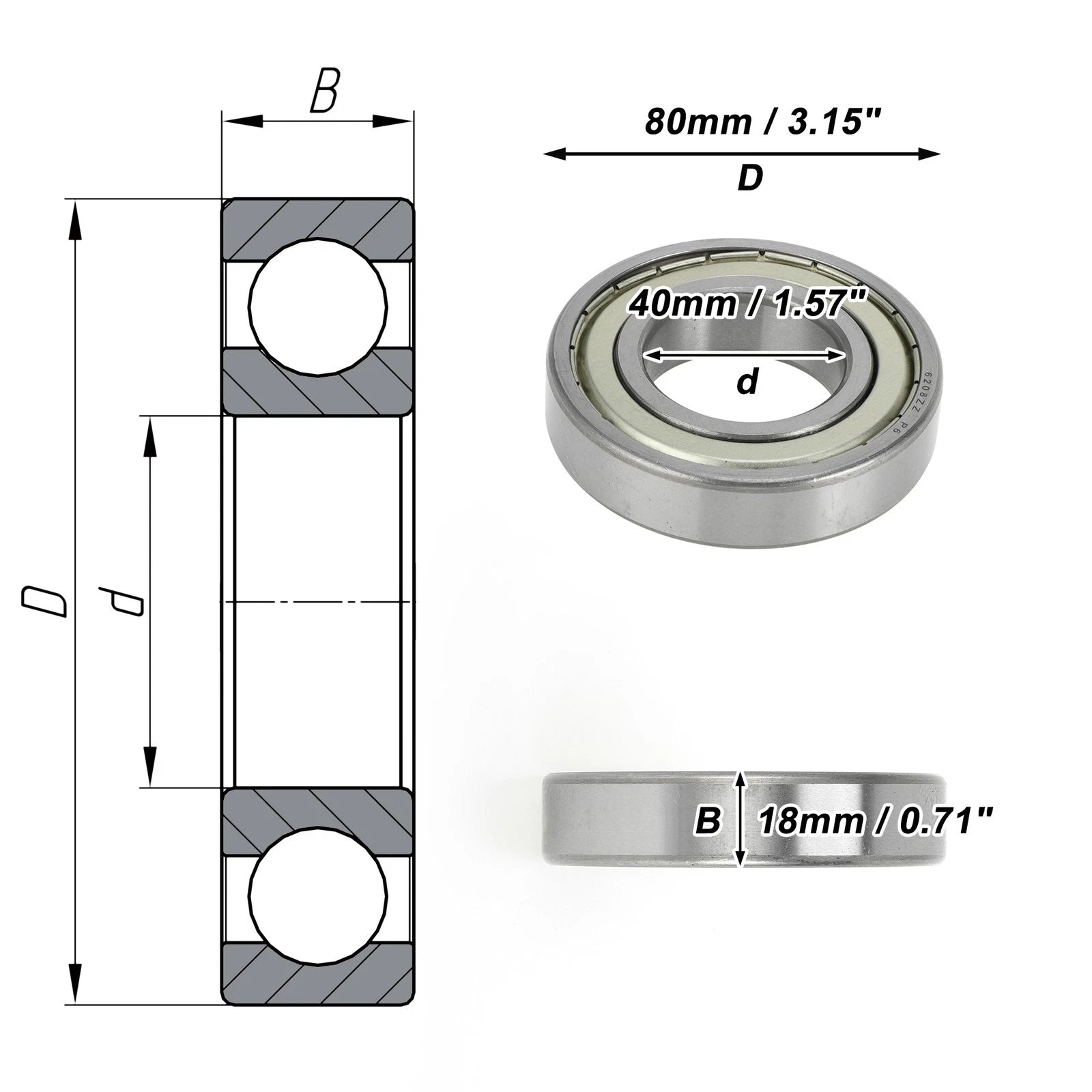6208ZZ Deep Groove Ball Bearing for Scooter Skateboard (40x80x18mm)