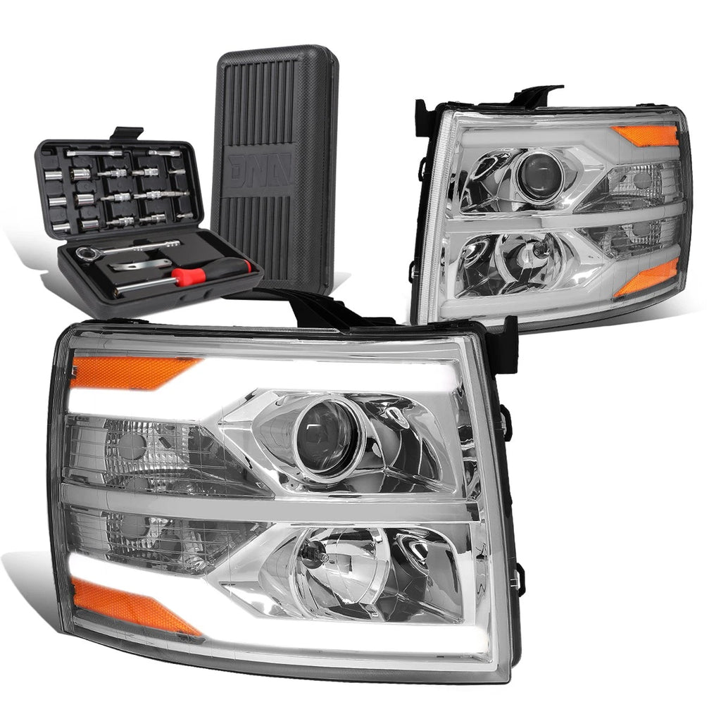 Dual LED Tube Projector Headlight for Silverado (2007–2014) + Tool Box Chrome Amber