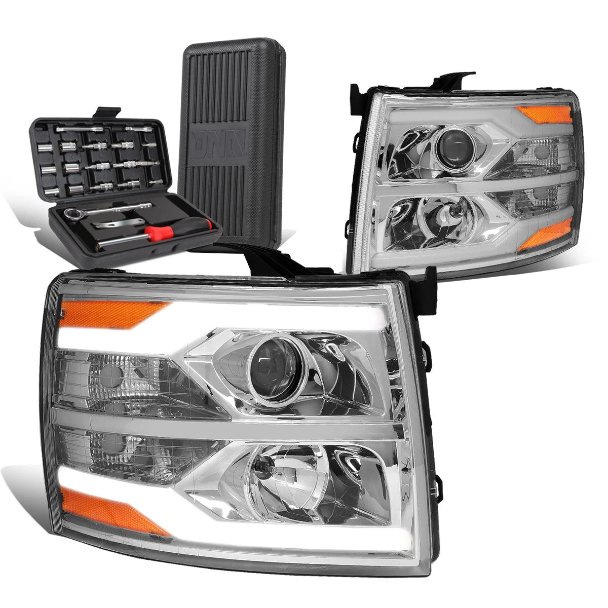 Dual LED Tube Projector Headlight for Silverado (2007–2014) + Tool Box Chrome Amber