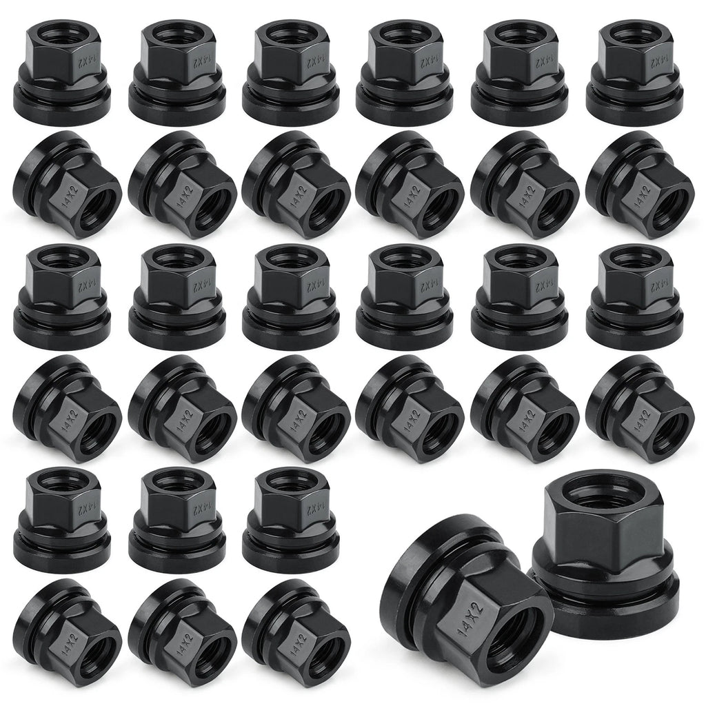 Set of 32 M14x2.0 Lug Nuts for Ford F-250 F-350 (1999–2002) Black Flat Washer