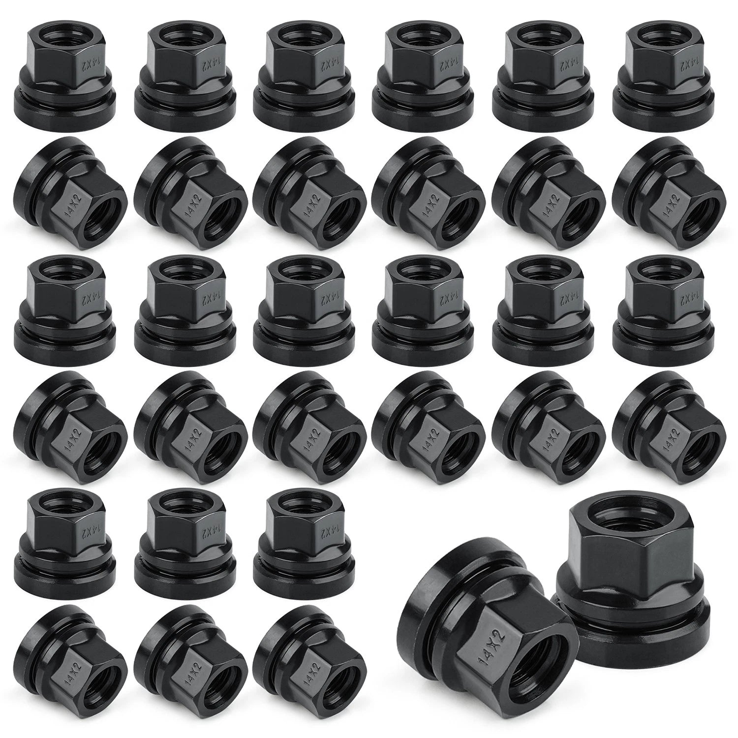 Set of 32 M14x2.0 Lug Nuts for Ford F-250 F-350 (1999–2002) Black Flat Washer