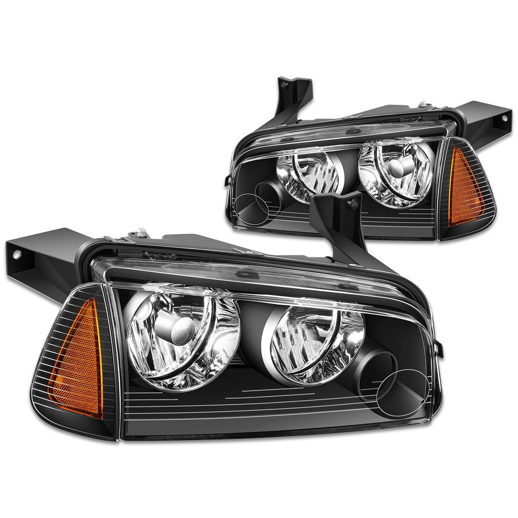 Pair of Black Housing Headlights with Amber Turn Signal for Dodge Charger (2006–2010)