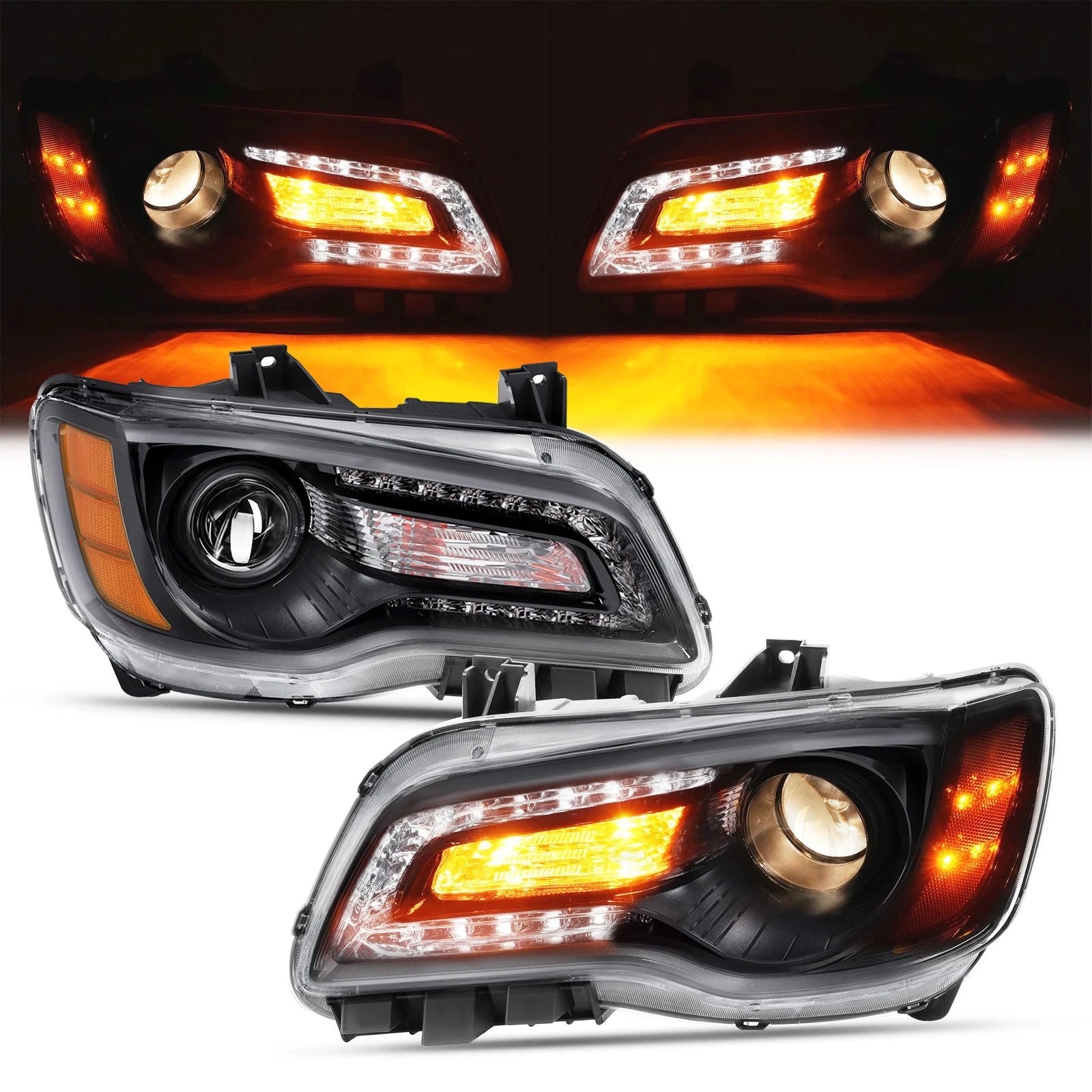Set of 2 Black LED DRL Projector Headlights for Chrysler 300 (2011–2023)