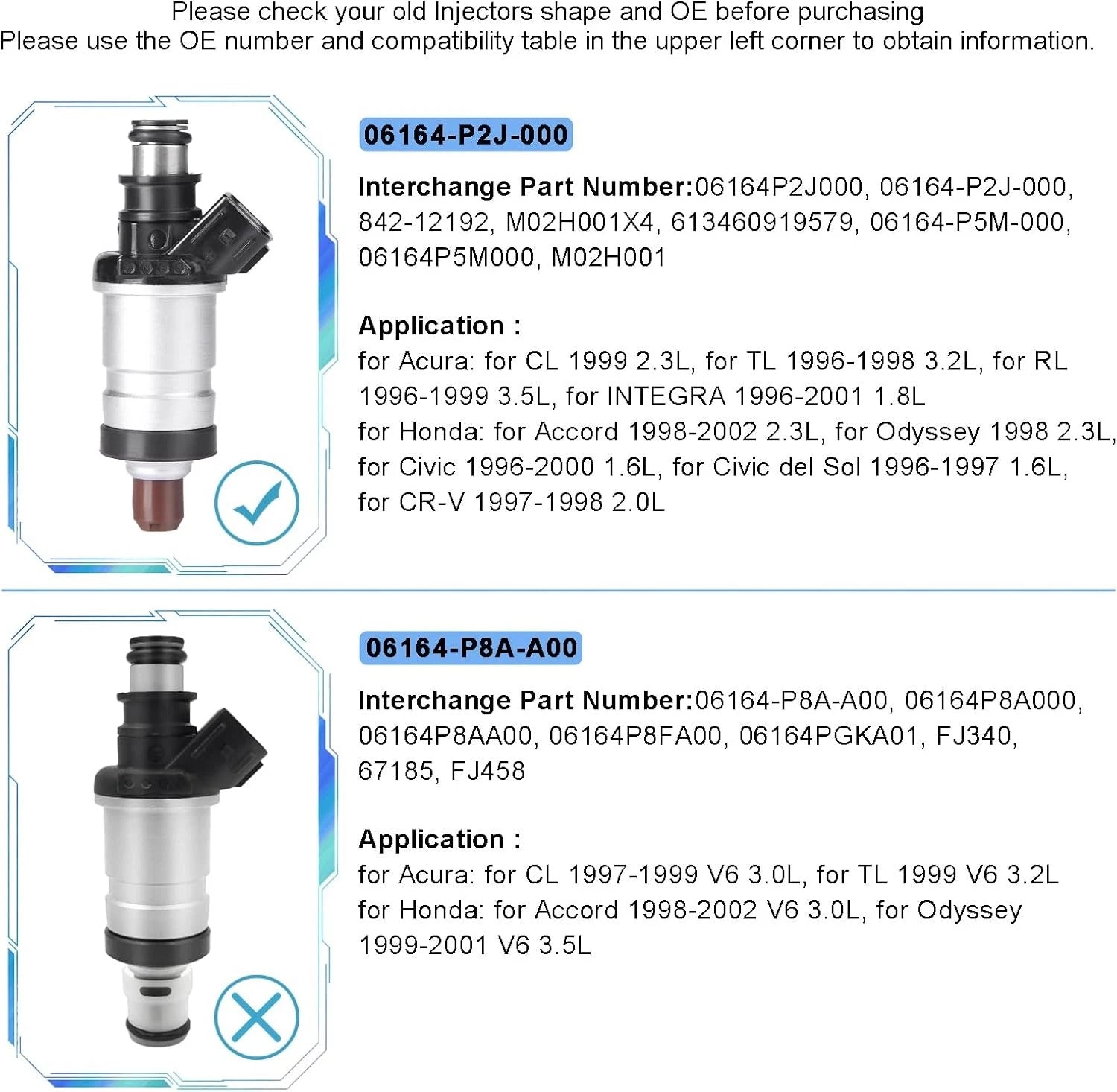 Set of 4 Fuel Injectors for Honda Accord CR-V Civic (1996–2000) 06164P2J000